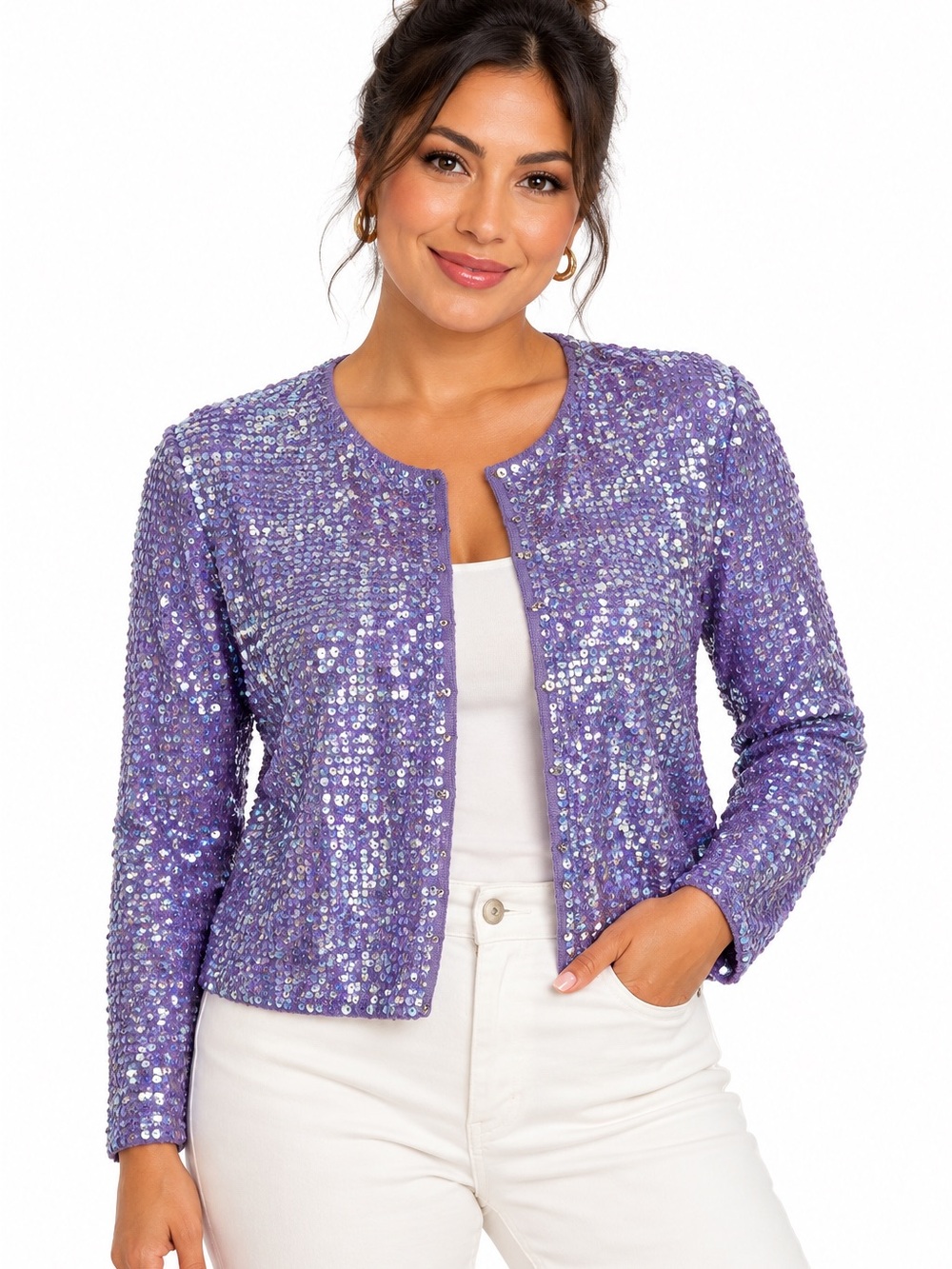 Bloomingdale’s 100% Silk Cardigan Size S Purple Iridescent Sequin NWT
